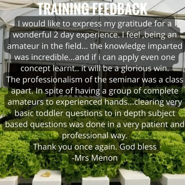 Training Feedback:
It is feedbacks like these that makes all the hardwork you put in, worth it. 
Every batch of training is our first batch, so unique in every way.
We get wonderful questions and lot of funny moments too.

It seems like we just started our first batch and we are already having batch 6 
coming up this weekend on 19th and 20th of Feb 2022.

#hydroponicstraining #hydroponicsworkshop #onlinetraining #hydroponics101 #hydroponicsindia #urbanfarming #plantaseedday #growyourownfood #hydroponicsclasses #hydroponicscoach #biggreen #learnhydroponics
#agritech #agtech #horticulture
#hydroponicsystem #greenhousegrown #plantaseedday #foodsecurity #iamamodernfarmer #modernfarming #growers #urbanagriculture #growingfood #hydroponicschennai #cleaneating #hydroponicsmumbai